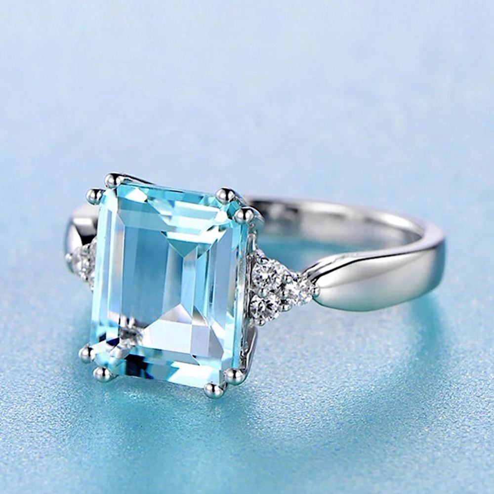 ❤️062❤️ 925 Sterling Silver Aquamarine Gemstone Diamond Ring - Picture 7 of 16